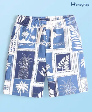 Honeyhap Premium  100% Cotton Terry Knit With Bio Finish Knee Length  Bermuda Beach Theme Print - Navy Peony Blue & Bright White