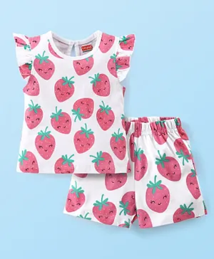 Babyhug Flutter Sleeves Night Suit With Strawberry Print - Pink