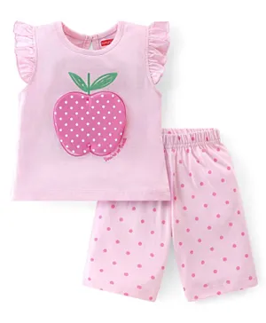 Babyhug 100% Cotton Knit Flutter Sleeve Capri Night Suit With Apple Patch - Pink