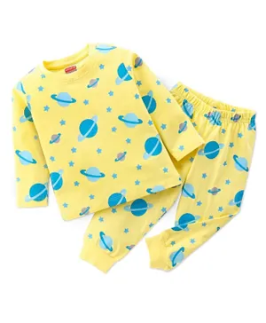 Babyhug Single Jersey Full Sleeves Night Suit Planets Print - Yellow