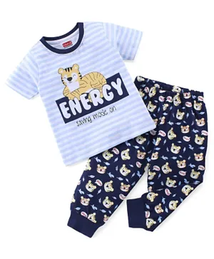 Babyhug Single Jersey Knit Half Sleeves Pyjama Set With Tiger Print - Grey & Navy Blue