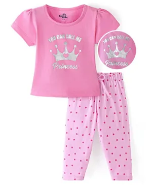 Doodle Poodle 100% Cotton Half Sleeves Night Suit With Crown Print - Pink