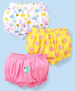 Babyhug 100% Cotton Knit Bloomer Floral & Rainbow Print Pack of 3 - Pink/White/Yellow