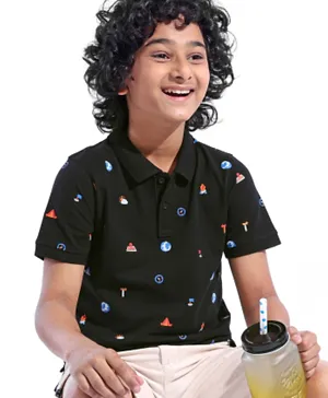 Pine Kids Knit Half Sleeves Printed T-Shirt with Logo Print - Jet Black