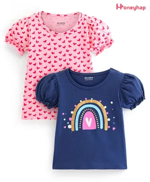 Honeyhap 2 Pack Premium 100% Cotton Half Sleeves T-Shirt with Bio Finish Heart Print - Candy Pink & Navy Peony