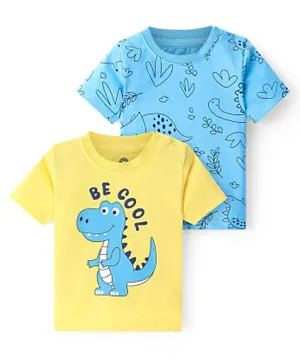 Doodle Poodle 100% Cotton Knit  Half Sleeves T-Shirts Dino Print Pack of 2 - Splish Splash Blue & Minion Yellow