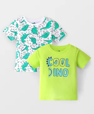 Doodle Poodle 100% Cotton Knit Half Sleeves T-Shirt Dino Print Pack of 2 -Green & Bright White