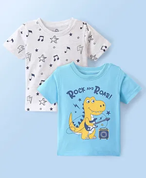 Doodle Poodle 100% Cotton Knit Half Sleeves T-Shirts Star & Dino Print Pack of 2 - Ecru Mellange Grey & Splish Splash Blue