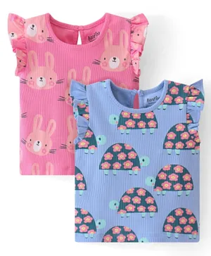 Bonfino 100% Cotton Frill Sleeves Bunny & Tortoise Printed T-Shirts Pack of 2 - Pink & Blue