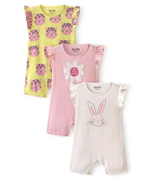 Bonfino 100% Cotton Knit Frill Sleeves Romper Kitty Bunny & Floral Print Pack Of 3 - Yellow/Ivory/Pink