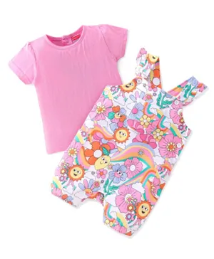 Babyhug Cotton Knit Floral Printed Dungaree with Half Sleeves Inner Tee - Pink & White