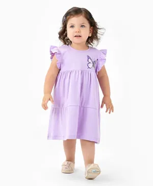 Bonfino 100% Cotton Knit Sleeveless Tiered Dress with Butterfly Print - Lilac