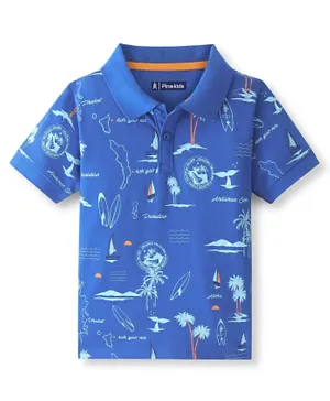 Pine Kids Cotton Knit Half Sleeves Polo T-Shirt Beach Print - Nebulas Blue