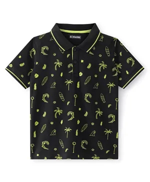 Pine Kids Cotton Knit Half Sleeves Polo T-Shirt with Palm Tree Print - Jet Black