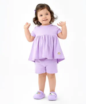 Bonfino 100% Cotton Knit Half Sleeves Top & Shorts Set Rainbow Applique - Lilac