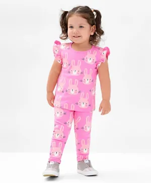Bonfino 100% Cotton Knit Frill Sleeves Top & Leggings/Co-ord Set With Bunny Print - Pink