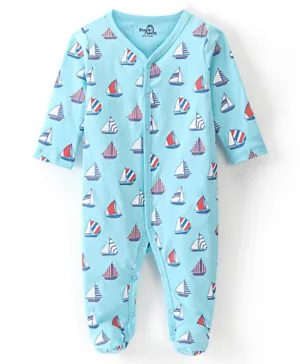 Doodle Poodle Cotton Knit Full Sleeves Footed Sleep Suit with Boat Print - Blue Elixir