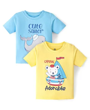 Doodle Poodle 100% Cotton Knit Half Sleeves Bear Printed T-Shirt Pack of 2- Blue & Yellow