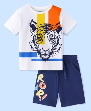 Ollington St. 100% Cotton Knit Half Sleeves T-Shirt & Shorts Set Tiger Print - White & Navy Blue