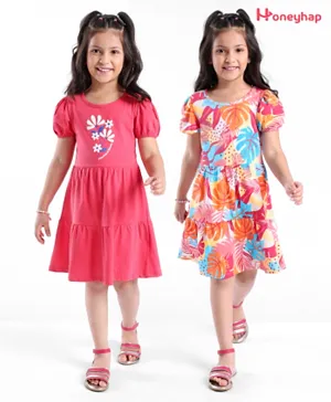 Honeyhap  100%  Cotton Jersey Knit Half Sleeves Frocks Leaf & Floral Print Pack of 2- Plumeria & Multicolor