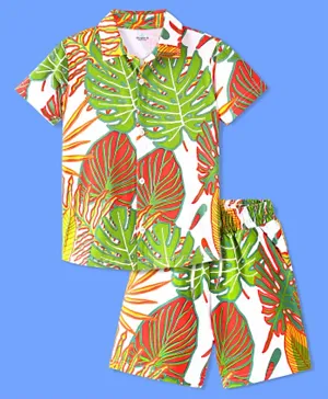 Ollington St. 100% Cotton Half Sleeves Shirt & Shorts/Co-ord Set Leaf Print – Multicolor