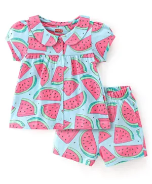 Babyhug Cotton Knit Half Sleeves Night Suit Melon Print - Blue & Pink
