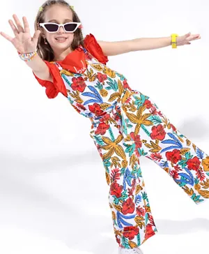 Ollington St. Cotton All Over Floral Printed Dungaree & Ruffled Sleeves T-Shirt Set - Multi Color