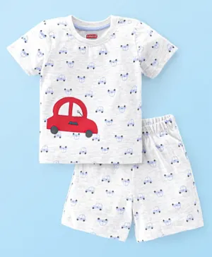 Babyhug Cotton Knit Single Jersey Half Sleeves Night Suit/Co-ord Set With Car Print & Embroidery - White
