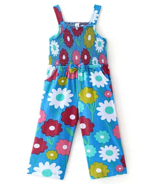 Babyhug Cotton Jersey Shoulder Strap Jumpsuit With Floral Print - Blue