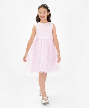 Primo Gino Sleeveless Party Frock with Floral Applique - Pink