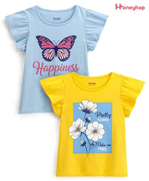 Honeyhap Premium 100% Cotton Knit Daffodil Print T-Shirts with Bio Finish Pack of 2 -Yellow & Blue