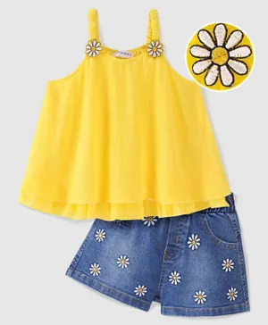 Ollington St. Georgette Sleeveless Flared Layered Top & Denim Shorts Set With Floral Embroidery & Applique - Yellow & Indigo
