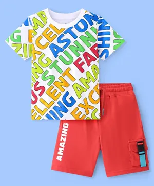 Ollington St. 100% Cotton Knit Half Sleeves T-Shirt & Shorts Set With Text Print – White & Red