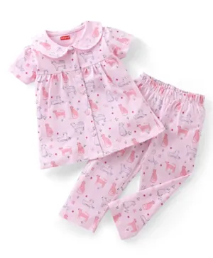 Babyhug Cotton Single Jersey Knit Half Sleeves Night Suit Leopard Print - Pink