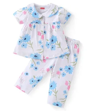 Babyhug Single Jersey Knit Short Sleeves Front Open Floral Print Night Suit/Co-ord Set - White