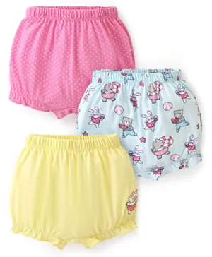 Babyhug 100% Cotton Knit Bloomers Solid Polka Dot & Animal Print Pack of 3- Pink Blue & Yellow