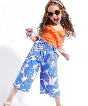 Ollington St. 100% Cotton Sleeveless Top with Frill & Tropical Printed Culottes Set - Orange & Blue