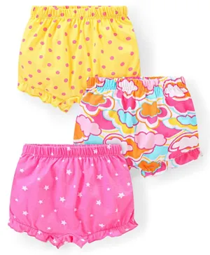 Babyhug 100% Cotton Knit  Bloomers with Polka Dot Clouds & Star Print Pack of 3 - Multicolor