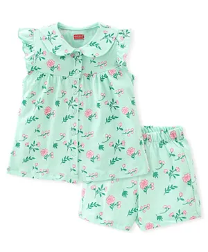 Babyhug Cotton Single Jersey Knit Frill Sleeves Night Suit Floral Print - Green