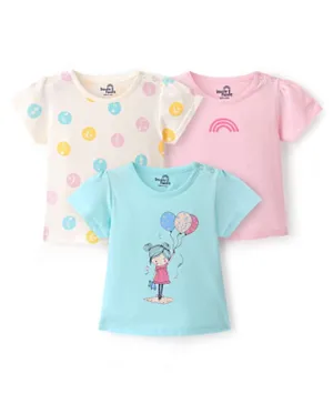 Doodle Poodle 100% Cotton Half Sleeves Girl Printed T-Shirts Pack of 3 - White Pink & Blue