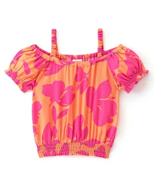 Babyhug Rayon Woven Half Sleeves Floral Printed Singlet Top - Mustard Yellow & Pink