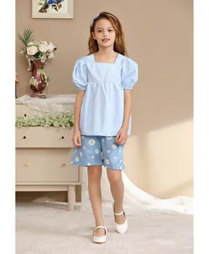Le Crystal Puff Sleeves Top & Shorts Set - Blue