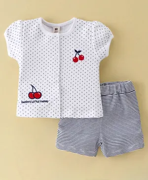 ToffyHouse Cotton Half Sleeves Dots Printed With Cherry Embroidery Top & Striped Shorts - White & Blue