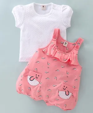 ToffyHouse Cotton Knit Dungaree Style Romper & Half Sleeves T-Shirt With Dot & Dolphin Print - Pink & White