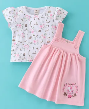 ToffyHouse Cotton Knit Frock with Half Sleeve Inner T-Shirt Floral & Teddy Print With Embroidery - White & Pink