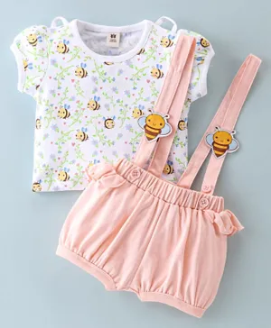 ToffyHouse Half Sleeves Top & Shorts Set With Honey Bee Print & Applique - Peach & White