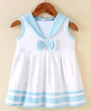 ToffyHouse Cotton Knit Sleeveless Anchors Print Frock with Bow Applique - Sky Blue