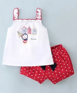 ToffyHouse Sleeveless Top & Shorts With Polka Dots & House Print - Red & White