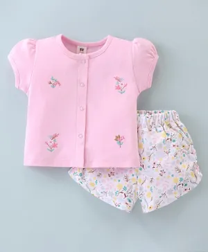 ToffyHouse Cotton Knit Half Sleeves Top & Shorts Set Floral Embroidery & Print - Pink