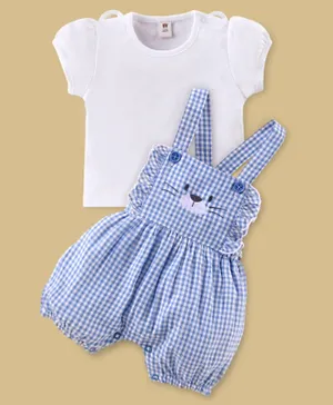 ToffyHouse Cotton Checkered Dungaree Style Romper with Half Sleeves Inner Tee - Blue & White